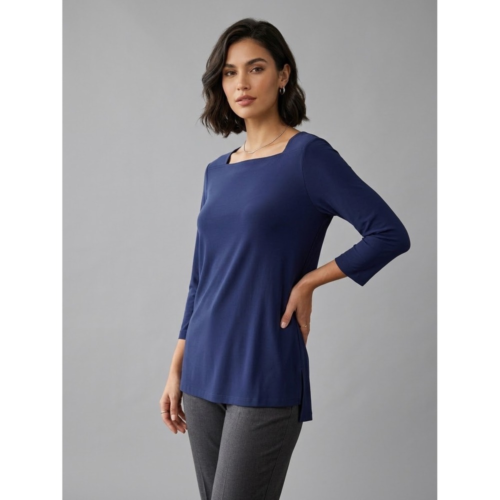 Clara Sun Woo Tunic Top M Navy Square Neck 3/4 Sleeve Minimalist Capsule Office
